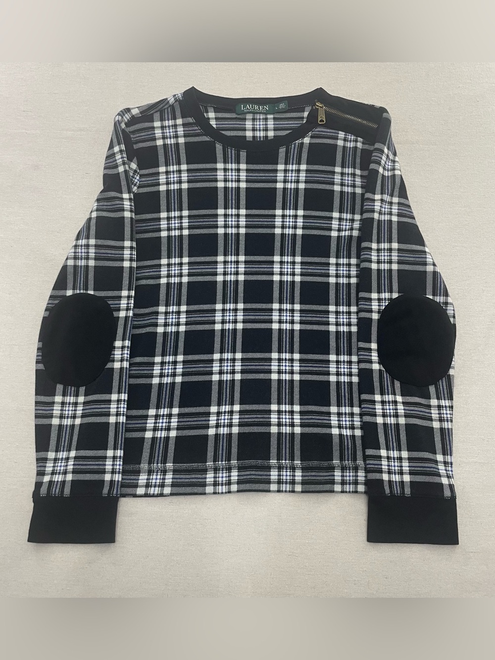 Lauren Ralph Lauren Plaid Top Large Black White Zip Shoulder Cotton Long Sleeve